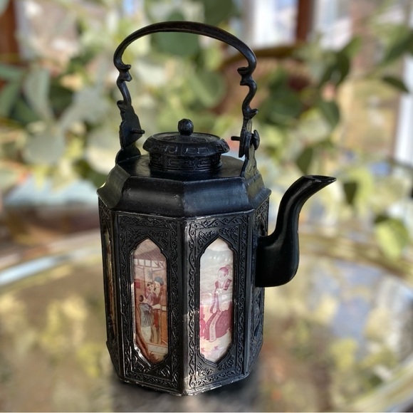Vintage Chinese Shantou Teapot Pewter Metal Reverse Glass Painted Panels Black - Picture 6 of 16